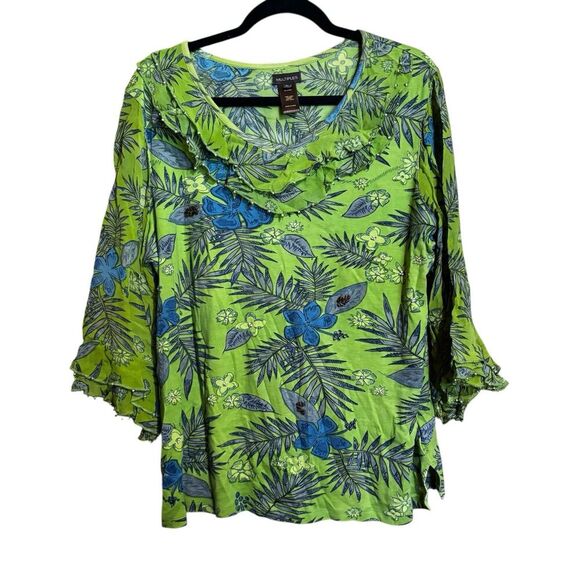 Multiples Top Women XL Green Multicolor Boho Artsy Floral Bell Sleeves Blouse - Picture 1 of 8